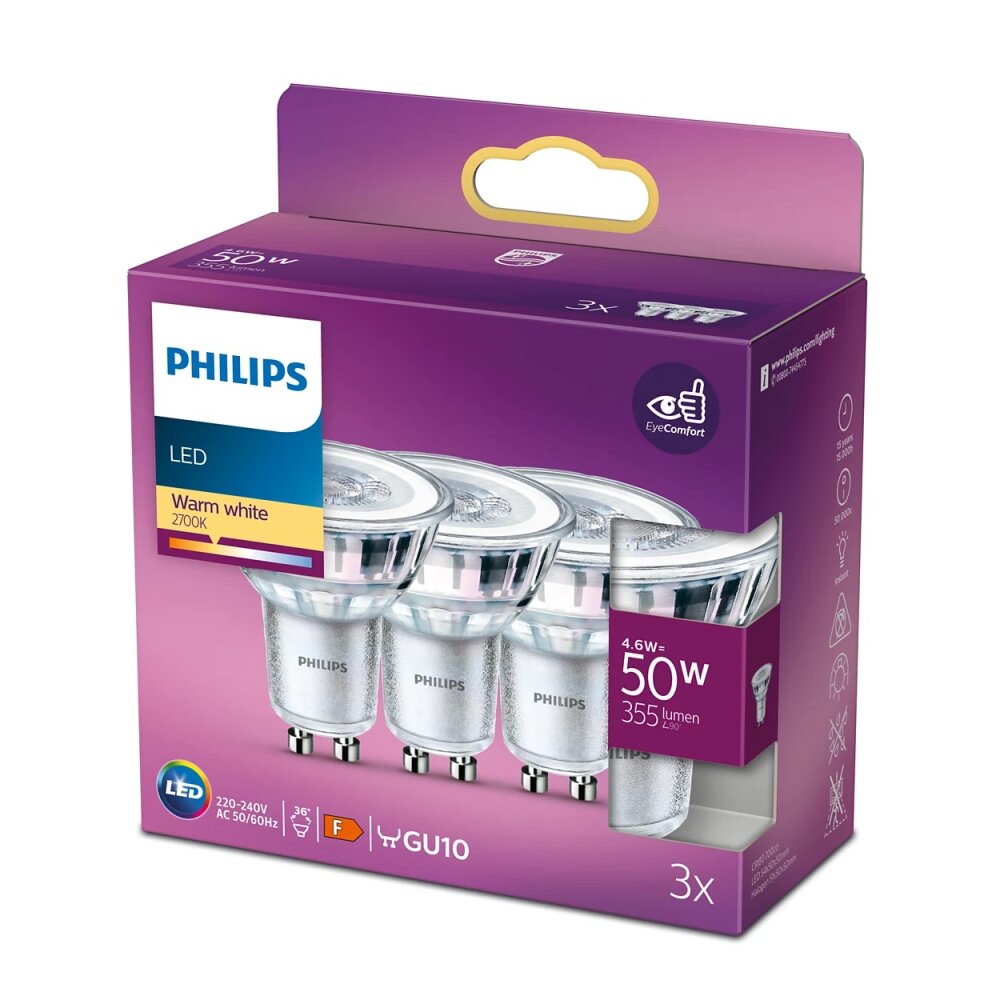 LED 3er Pack GU10 50 Watt 2700 Kelvin 355 Lumen Philips main product photo