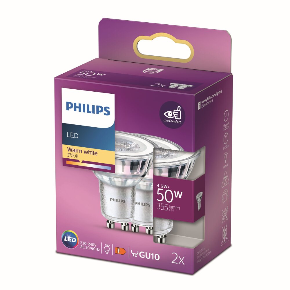 Philips 2x LED GU10 4,6 Watt 2700 Kelvin 355 Lumen main product photo