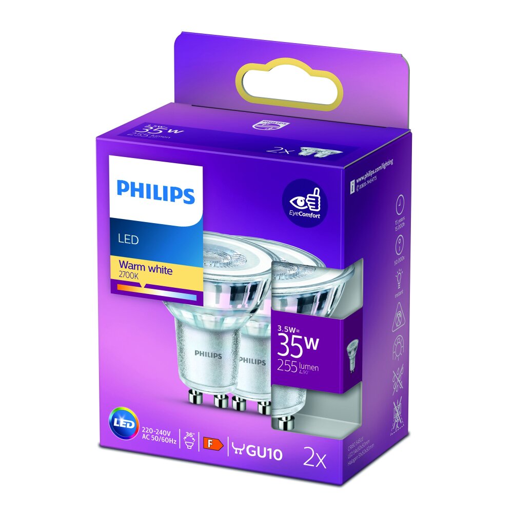 Philips 2x LED GU10 3,5 Watt 2700 Kelvin 255 Lumen main product photo