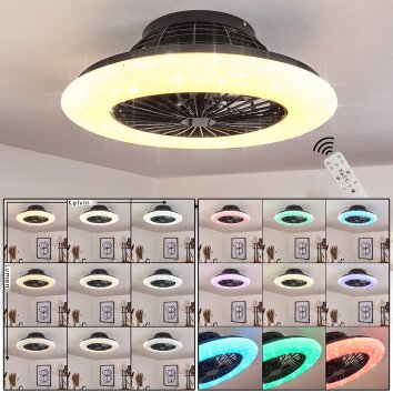 Ventilateur de plafond Pireaus LED Noir, 1 lumière, Télécommandes, Changeur de couleurs