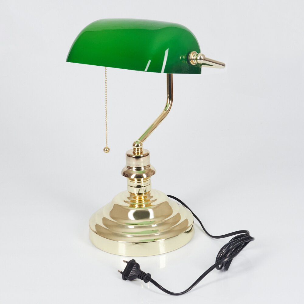 Lampe de table Havsta, lampe à 1 flamme en métal en laiton ancien, lampe  vintage au design rétro avec abat-jour en verre vert, avec interrupteur à  tirette, 1 douille E27, ampoule(s) non