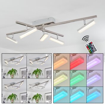 Plafonnier Vehkala LED Chrome, Nickel mat, 5 lumières, Télécommandes, Changeur de couleurs