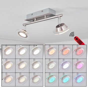 Plafonnier Marsen LED Chrome, Nickel mat, 2 lumières, Télécommandes, Changeur de couleurs
