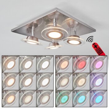 Plafonnier Marsen LED Nickel mat, 4 lumières, Télécommandes, Changeur de couleurs