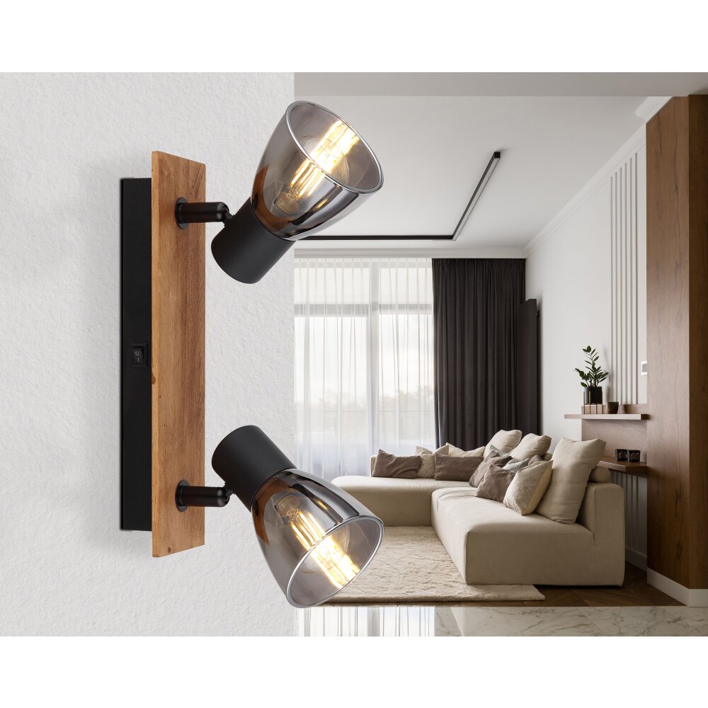 Applique murale Globo CLAUDE Bois foncé, Noir, 2 lumières main product photo