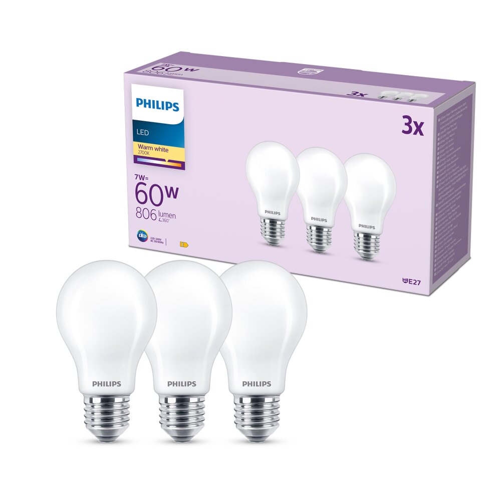 Philips Classic Lot de 3 LED E27 7 watt 2700 kelvin 806 lumen main product photo