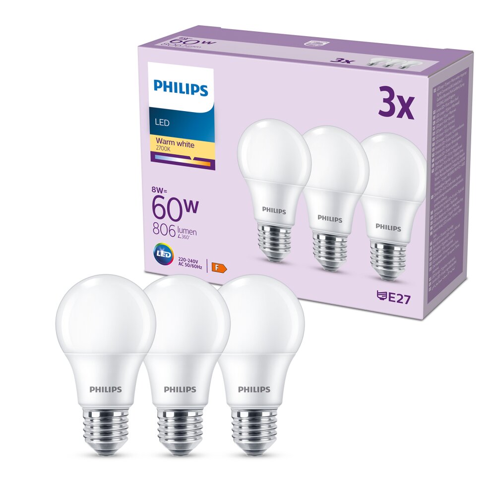 Philips Classic Lot de 3 LED E27 8 watt 2700 kelvin 806 lumen main product photo