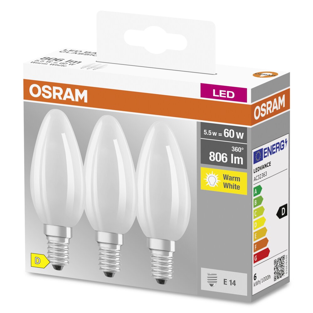 OSRAM CLASSIC B Lot de 3 LED E14 5,5 watt 2700 kelvin 806 lumen  4058075592551