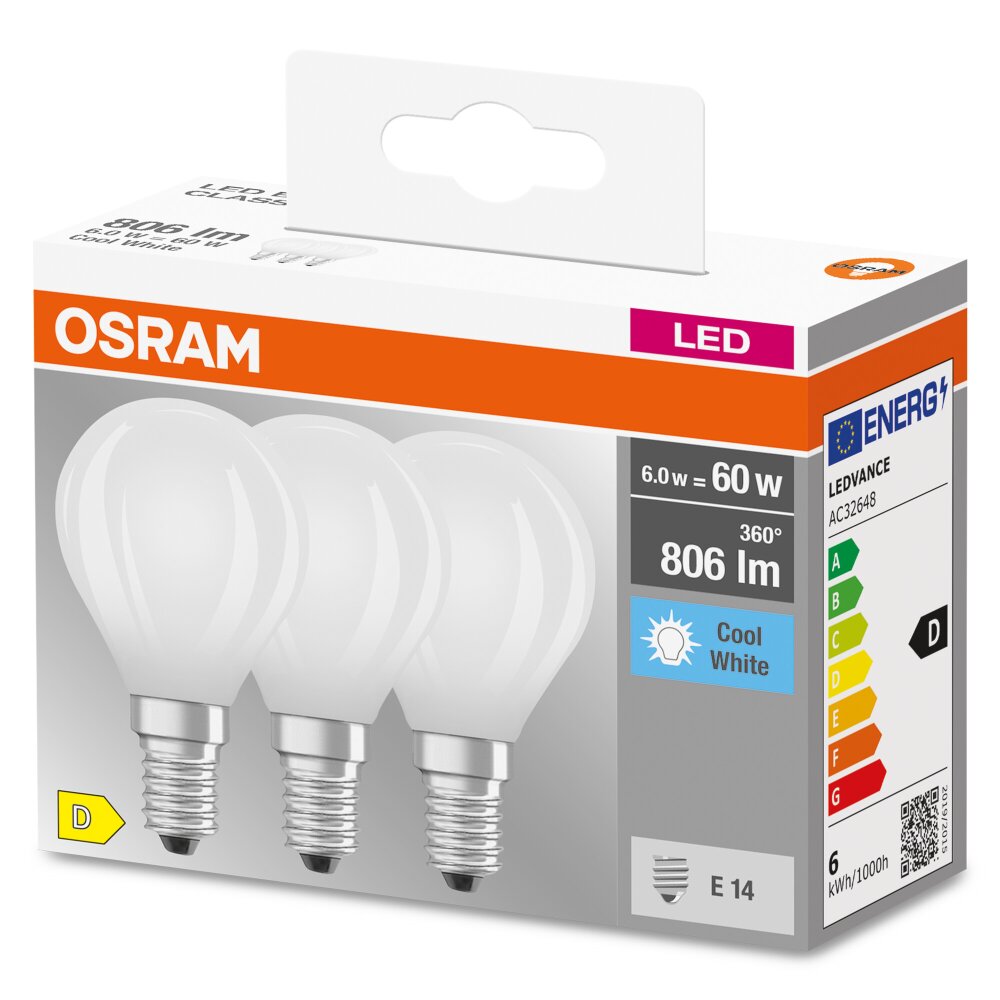 OSRAM CLASSIC P Lot de 3 LED E14 5,5 watt 4000 Kelvin 806 lumen main product photo