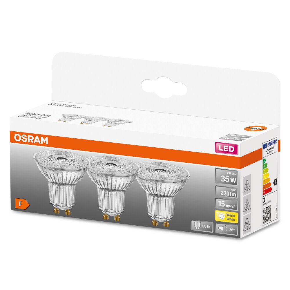 OSRAM LED STAR PAR16 Set de 3 ampoules GU10 2,6 watt 2700 Kelvin 230 lumen  4058075452497