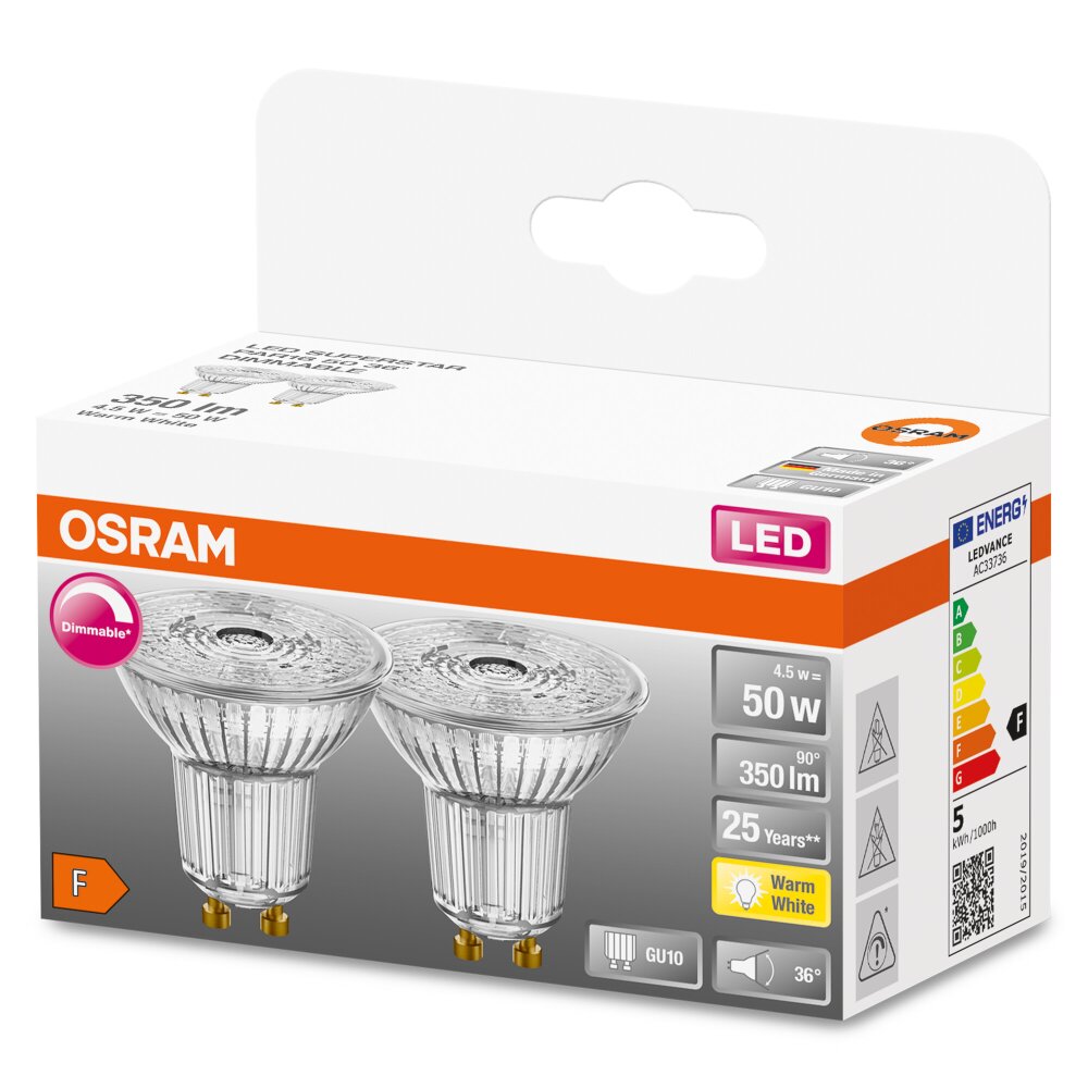 OSRAM SUPERSTAR Lot de 2 LED GU10 4,5 watt 2700 kelvin 350 lumen main product photo