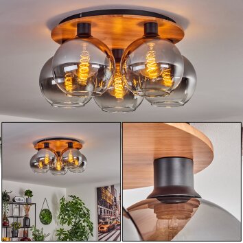 Plafonnier - Verre Koyoto Écru, Noir, 5 lumières