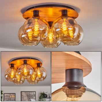 Plafonnier - Verre Koyoto Écru, Noir, 5 lumières