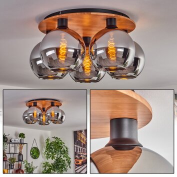 Plafonnier - Verre Koyoto Écru, Noir, 5 lumières