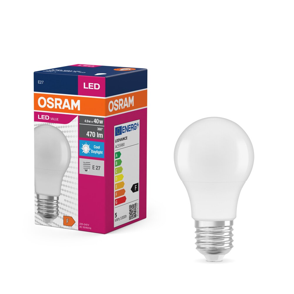 Luminaires Osram E27 LED 4.9 Watt blanc lumière du jour 470 Lumen main product photo