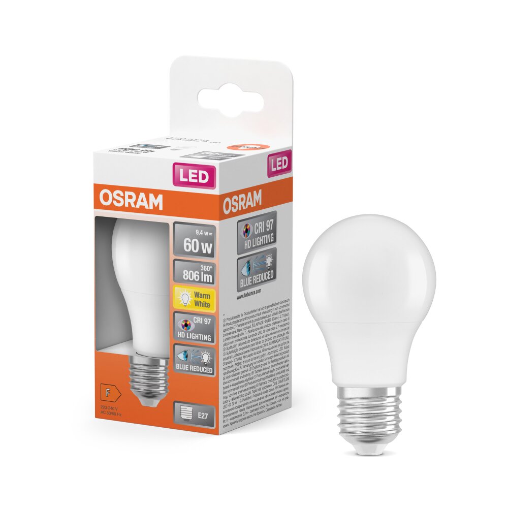 Luminaires Osram E27 LED 9.4 Watt blanc chaud 806 Lumen main product photo