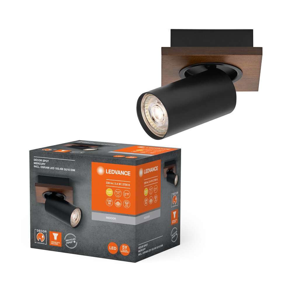 Spot Plafonnier Luminaires Ledvance LED Couleur bois, Noir, 1 lumière main product photo