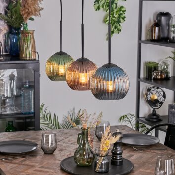 Koyoto Suspension, Boule lumineuse, Suspension Bleu, Vert, Cuivré, 3 lumières