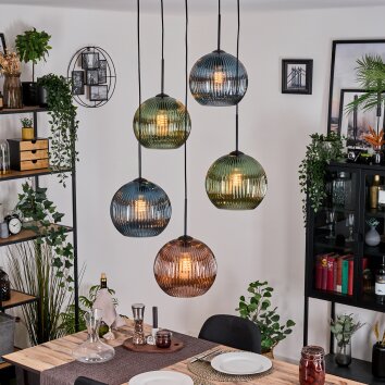 Koyoto Suspension, Boule lumineuse, Suspension grappe Bleu, Vert, Cuivré, 5 lumières