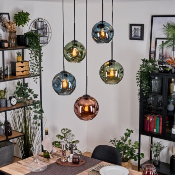 Ripoll Suspension, Boule lumineuse, Suspension grappe Bleu, Vert, Cuivré, 5 lumières