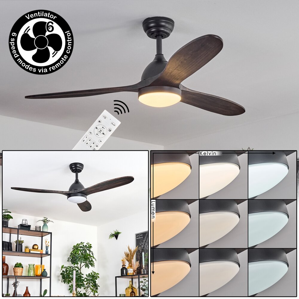 Mosstena Plafonnier, Ventilateur de plafond lumineux LED Bois foncé, Noir, 1 lumière, Télécommandes main product photo