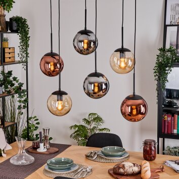 Gastor Suspension, Boule lumineuse, Suspension Ambre, Chrome, Cuivré, Fumé, 6 lumières