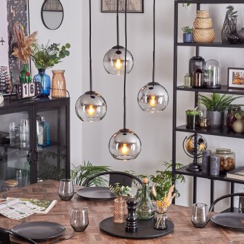 Koyoto Suspension, Boule lumineuse, Suspension grappe 35 cm Chrome, Clair, Fumé, 4 lumières