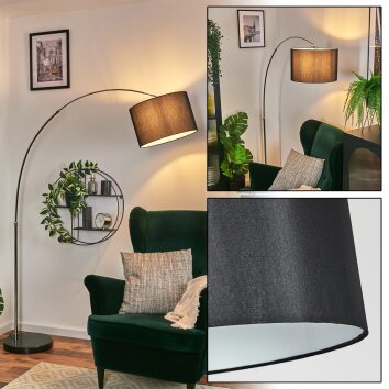Soungou Lampadaire, Lampadaires arc Chrome, Noir, 1 lumière, Abat-jour en tissu