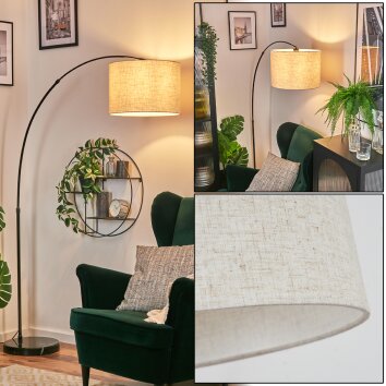 Bassagoda Lampadaire, Lampadaires arc Chrome, Noir, 1 lumière, Abat-jour en tissu