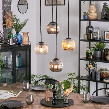 Ripoll Suspension, Boule lumineuse, Suspension grappe Ambre, Clair, Fumé, 4 lumières