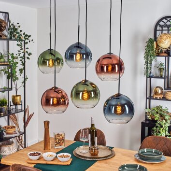 Koyoto Suspension, Boule lumineuse, Suspension Bleu, Vert, Clair, Cuivré, 6 lumières