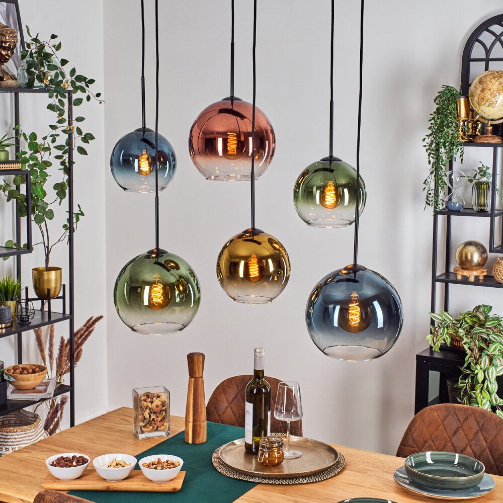 Koyoto Suspension, Boule lumineuse, Suspension Bleu, Or, Vert, Clair, Cuivré, 6 lumières main product photo