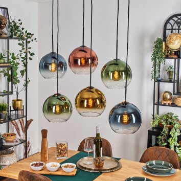 Koyoto Suspension, Boule lumineuse, Suspension Bleu, Or, Vert, Clair, Cuivré, 6 lumières Koyoto Suspension, Boule lumineuse, Suspension Bleu, Or, Vert, Clair, Cuivré, 6 lumières