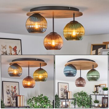 Koyoto Plafonnier, Boule lumineuse 40 cm Brun, Couleur bois, Noir, 3 lumières