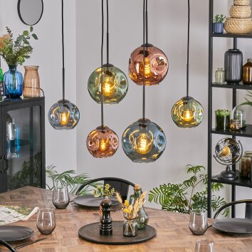 Ripoll Suspension, Boule lumineuse, Suspension Bleu, Vert, Cuivré, 6 lumières