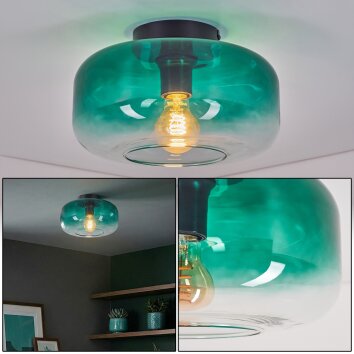 Plafonnier Boza en verre vert dégradé, lampe de plafond rétro Ø 28 cm