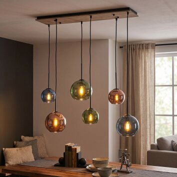 Koyoto suspension 6 lampes E27 à abat-jour en verre multicolore vintage