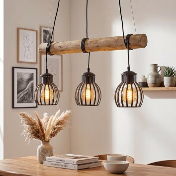 Oravi suspension bois 3 lumières E27, longueur 60 cm, abat-jour cage