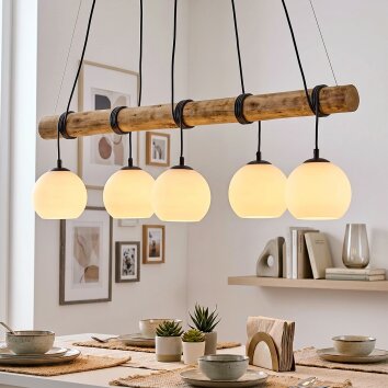 Koyoto suspension à barre en bois, luminaire salle à manger 5 lumières, longueur 100 cm