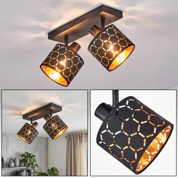 Spot de plafond Alsen moderne à 2 lumières, abat-jour noir et or à motif géométrique ajouré