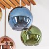Plafonnier Koyoto, socle carré en bois, 4 abat-jour en verre bleu, or, vert et cuivré