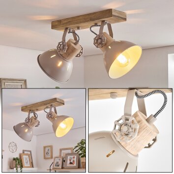 Plafonnier scandinave Orny à 2 têtes orientables, abat-jour sable, E27, socle en bois
