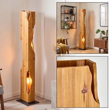 Lampadaire moderne Sernadelo en bois écru, découpes organiques et douilles E27 visibles