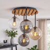 Plafonnier moderne Gastor à 4 lumières, socle à lattes de bois, abat-jour en verre fumé