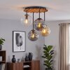 Plafonnier moderne Gastor à 4 lumières, socle à lattes de bois, abat-jour en verre fumé