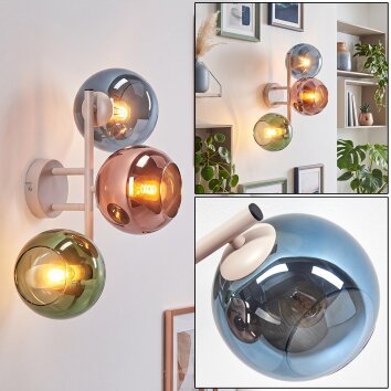 Applique murale moderne Koyoto, 3 abat-jour ronds en verre bleu, vert et cuivré
