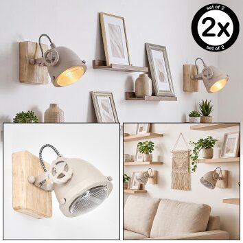 Applique murale orientable Herford, set de 2, projecteur métallique sur support en bois