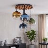 Plafonnier moderne Koyoto, socle à lattes de bois écru et 4 abat-jour en verre