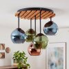Plafonnier moderne Koyoto à cinq abat-jour en verre bleu, vert et cuivré