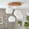 Plafonnier moderne Koyoto, 4 abat-jour ronds en verre blanc, socle à lattes de bois